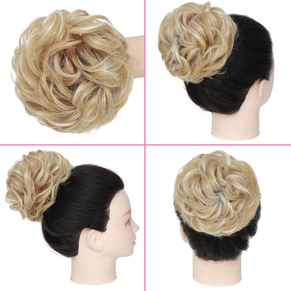 YOLANFAIRY 2PCS Messy Bun Hair Piece Wavy Curly Tousled Updo Hair Buns Synthetic Chignon Elastic Hair Band Fake Bun Hair Pieces for Women (Lighe Golden Brown Mix Bleach Blonde, 2PCS Same)