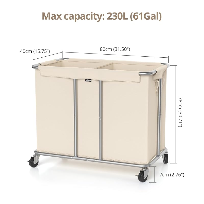 2-Section Rolling Laundry Hamper with Wheels, Beige 31.5" x 15.75" x 30.7"