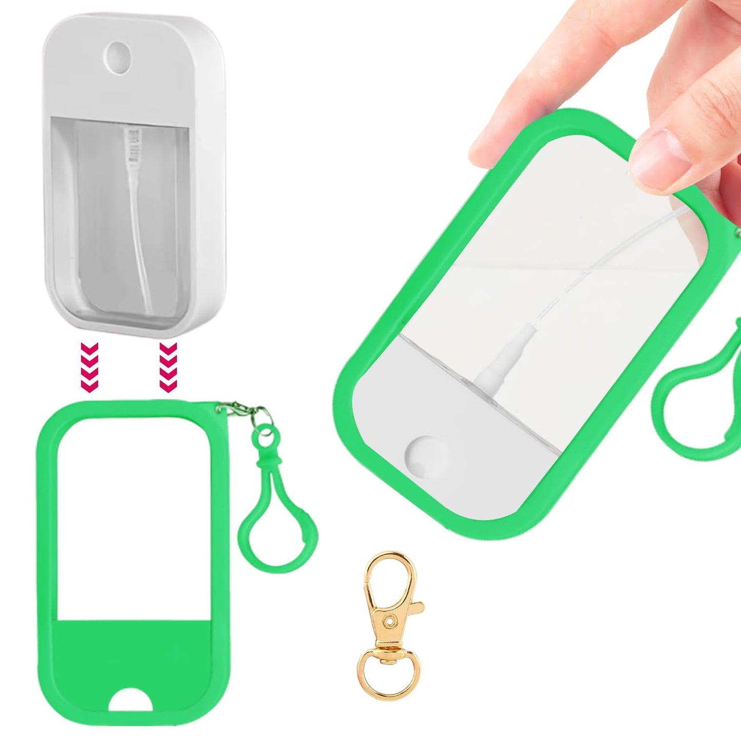 Silicone Case for Hand Sanitizer Spray 2025 Upgrade,Protective Case with Keychain,Non-Slip Grip,with Dust Cover& 50ml Portable Spray bottle&funnel (purple+green+black)