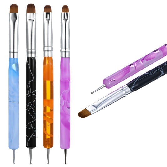 4 Pcs French Tip Brush Nail Art Brush Tools for Builder Gel Dotting Tools Kit Design Nail Polish Supplies Professional Manicure Cuticle Clean Up Small Detail Painting 3D Acrylic Brushes