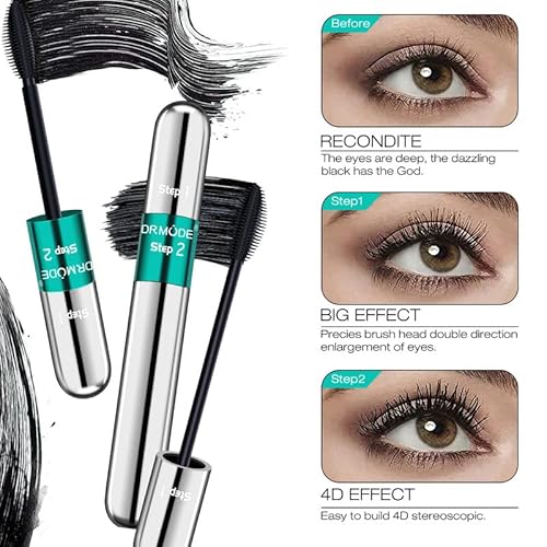Mascara Black Length - Waterproof 2 in 1 4D Silk Fiber Mascara 5X Longer, Natural and False Effect Look in One Long Lasting Mas Cara Makeup for Women