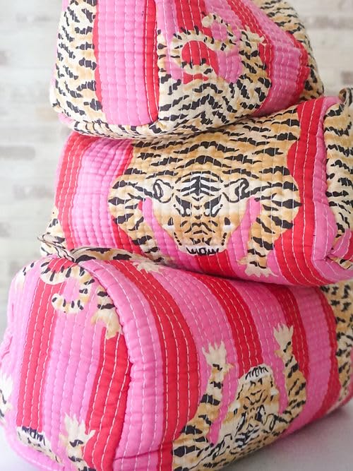 Travel Cosmetic Organizer Bag Set - Pink Fat Tiger Style, 3 Pieces
