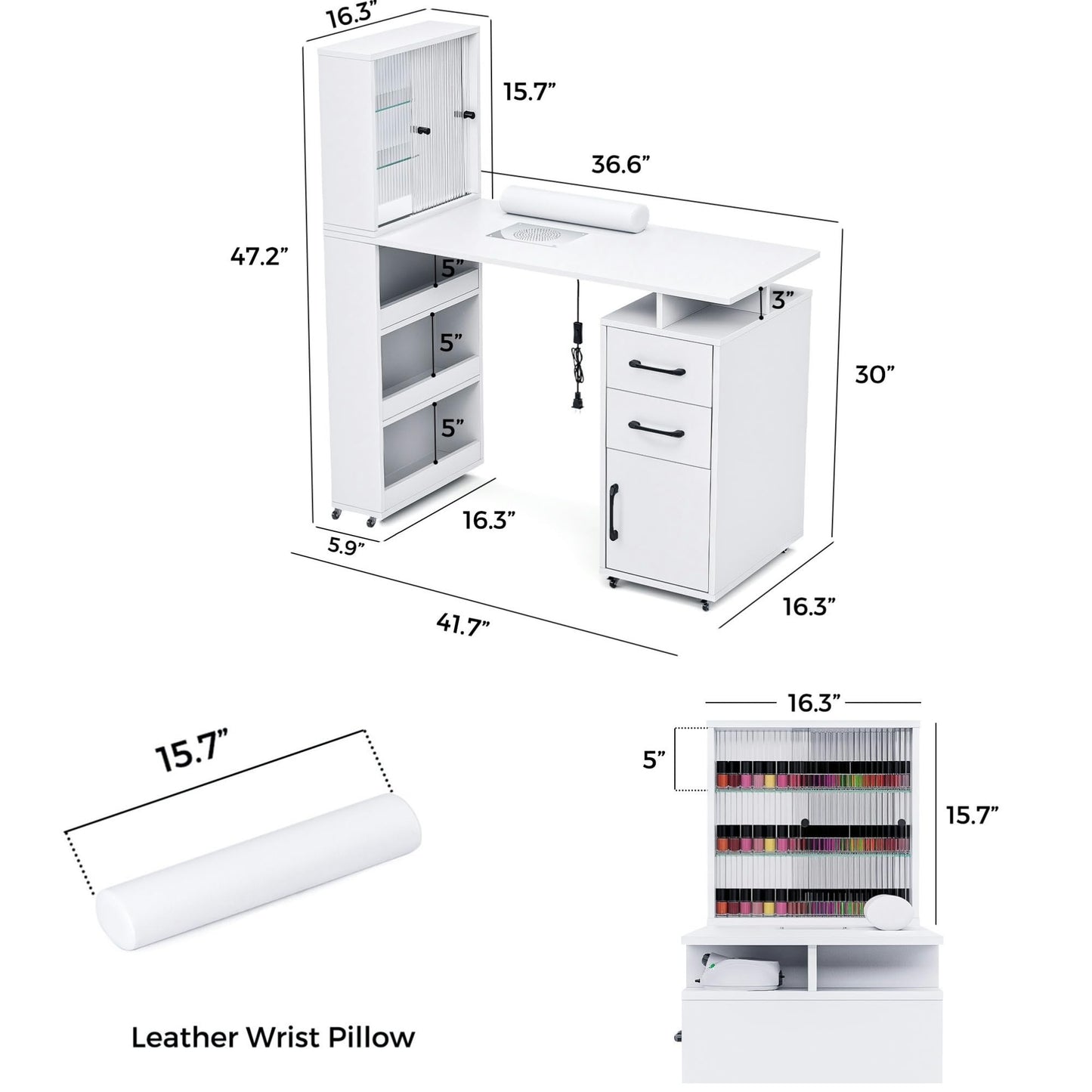 Kikihouse Manicure Table Nail Desk for Nail Tech w/Glass Door Storage Cabinets & Wrist Rest, Beauty Salon Nail Supplies Decor Workstation Acetone Resistant, with Dust Collector (White)
