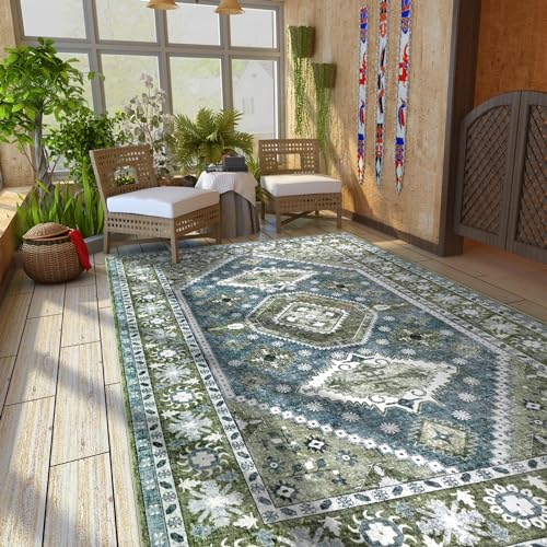 8'11" x 6' Green & Blue Boho Floral Washable Area Rug for Living Room - Vintage Distressed Non-Slip Carpet