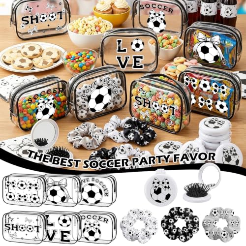 Black White Soccer Bow Makeup Bag & Party Favors Set - 36 Pcs