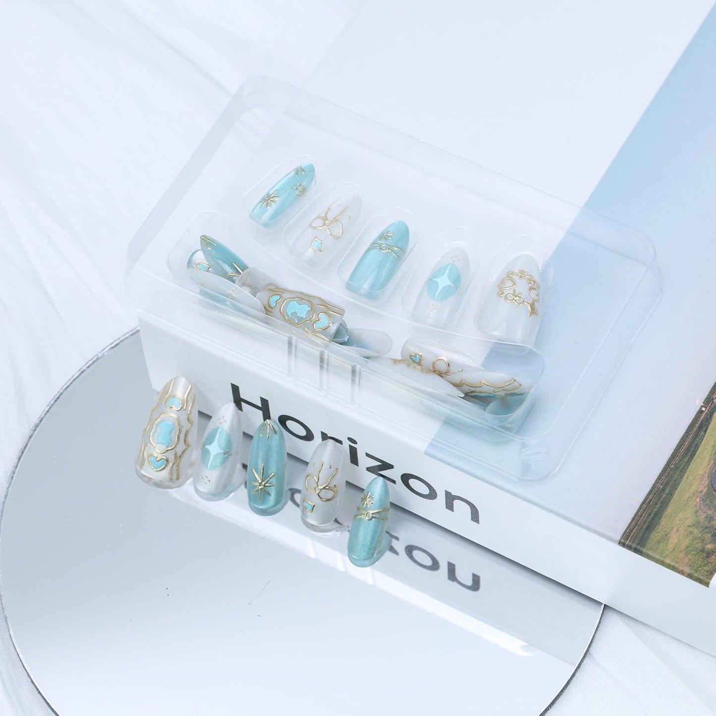 30pcs Blue Press on Nails Short Almond Fake Nails with 3D Gold Bow Heart Star Acrylic Nails Designs Blue Cute Cat False Nails Glue on Nails Glitter Full Cover Stick on Nails for Women Nail Decoration