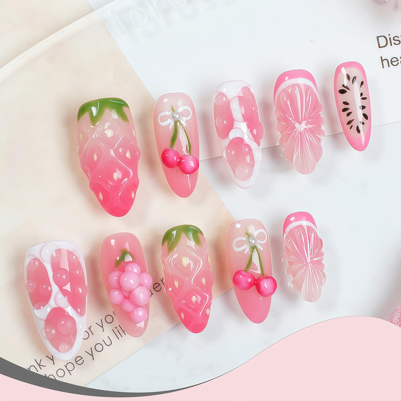 French Tip Press on Nails Almond Long Fake Nails with Strawberry Embossed Pattern Water Drop Design Acrylic Full Cover False Nails Summer Artificial Nail Women Daily Wear Nail Decoration
