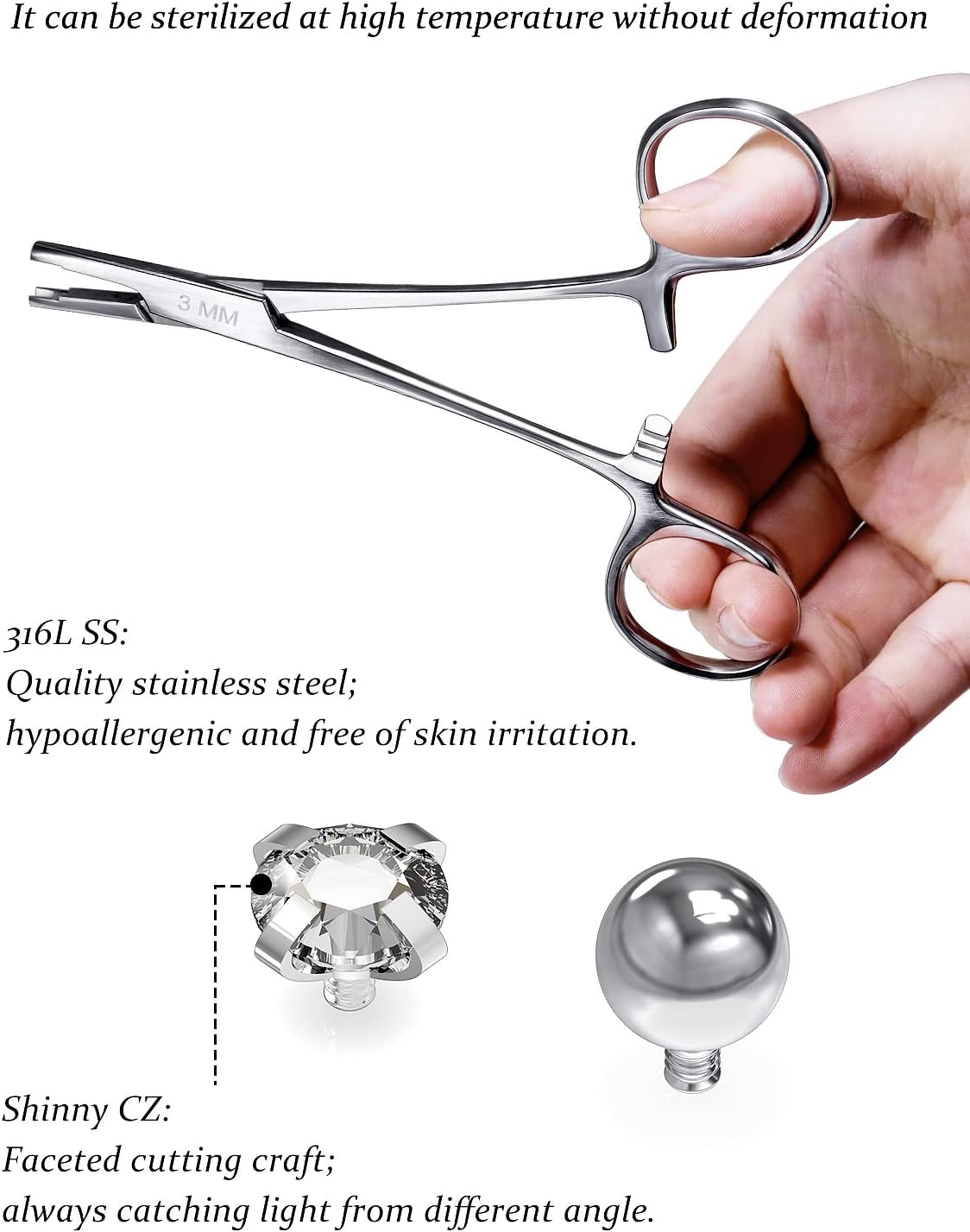316L Surgical Steel Body Piercing Tools Kit - 9 Styles for Nose, Septum, Lip, Tongue & More