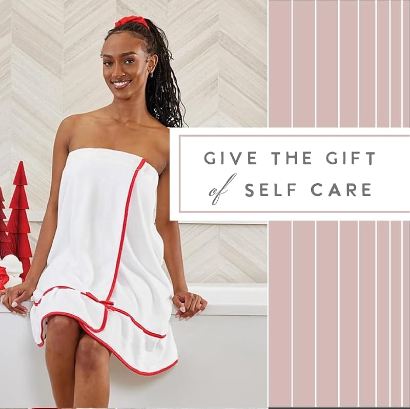 Spa Wrap for Women - Plush Polyester Adjustable Closure with Ruffle Trim - White/Red, One Size Fits Most