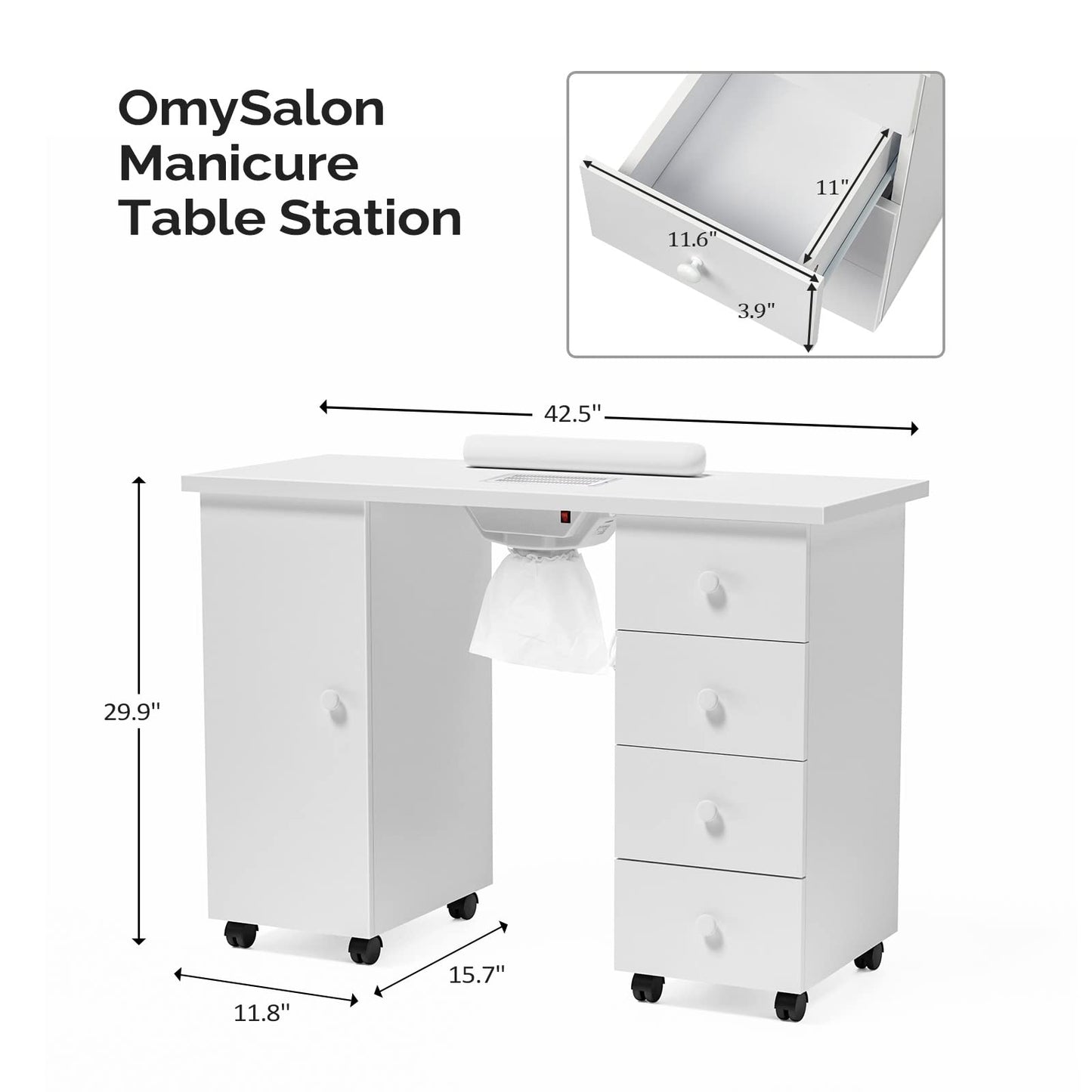 OmySalon Manicure Table Nail Desk for Nail Tech, Nail Table Beauty Salon Tech Station w/Electric Downdraft Vent, Lockable Wheels,Wrist Cushion,Storage Drawers