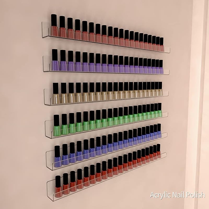 24 Inch 6 Pack Acrylic Nail Polish Rack Wall Mounted Organizer Clear 150 Bottles