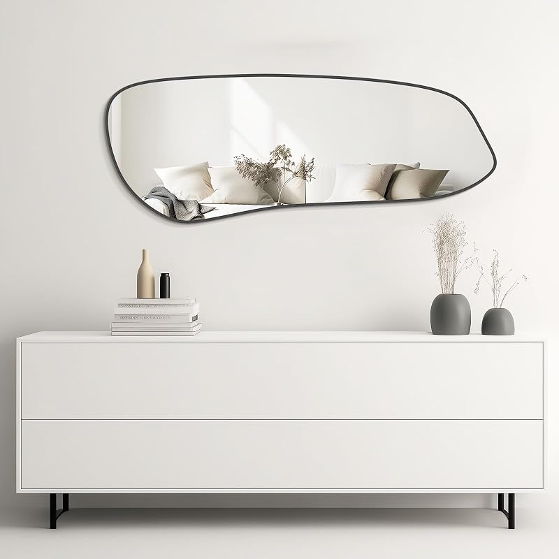 Irregular Wall Mirror with Black Frame 46" x 18" - Wall-Mounted for Living Room, Bedroom, Bathroom - Variation: Black New+46"L x 18"W