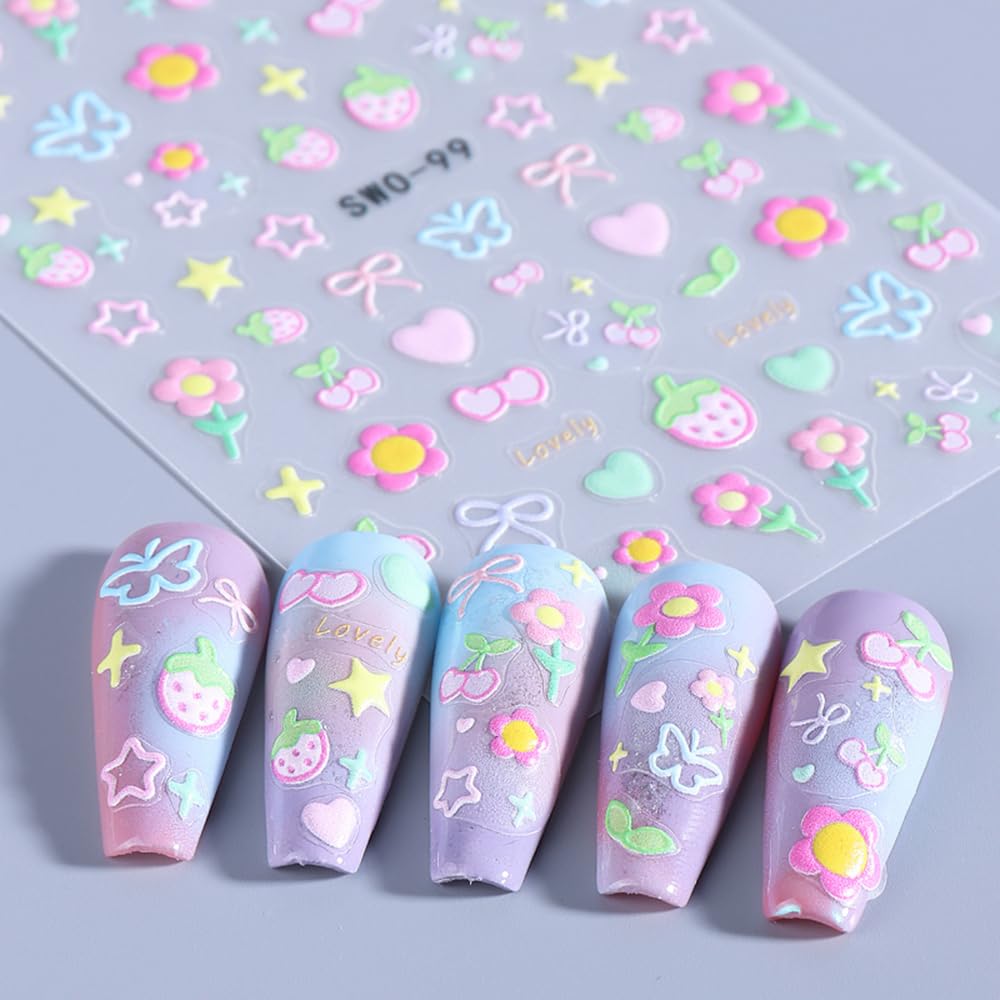 Bow Heart Star Nail Stickers for Nail Art Spring Butterfly Flower Nail Art Stickers Cute Summer Ice Cream Nail Decals 3D Colorful Strawberry Floral Self Adhesive Design Sticker for Women Girls 3PCS