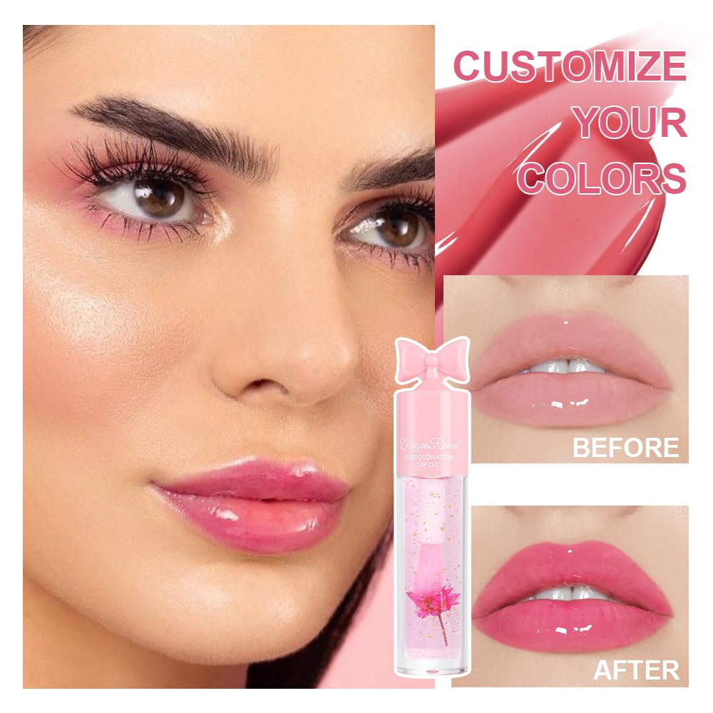 3Pcs Color Changing Lip Oil Set with Flowers & Gold Foil – pH Thermochromic Mood Lip Gloss, Hydrating Magic Lipstick, Long Lasting Moisture Tint Balm, Clear to Pink Color Shift Lipgloss for Women