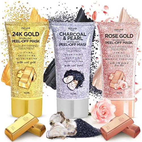 Azure Cosmetics Peel-Off Masks Bundle - Rose Gold, Gold, Charcoal & Pearl - Variety Pack of 3
