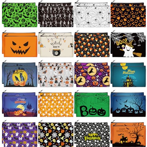 Halloween Makeup Bags Set of 40, Spooky Zipper Cosmetic Pouches for Party Favors