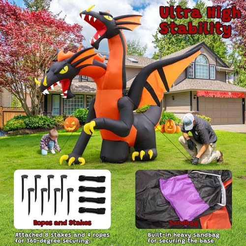 Giant 9.5 FT Halloween Inflatable Double Headed Dragon with LED Lights - Outdoor Yard Decor