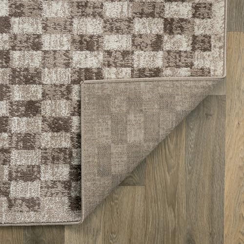 Beige Checkered Area Rug 5x7 ft Contemporary Geometric Textured Carpet for Living Room