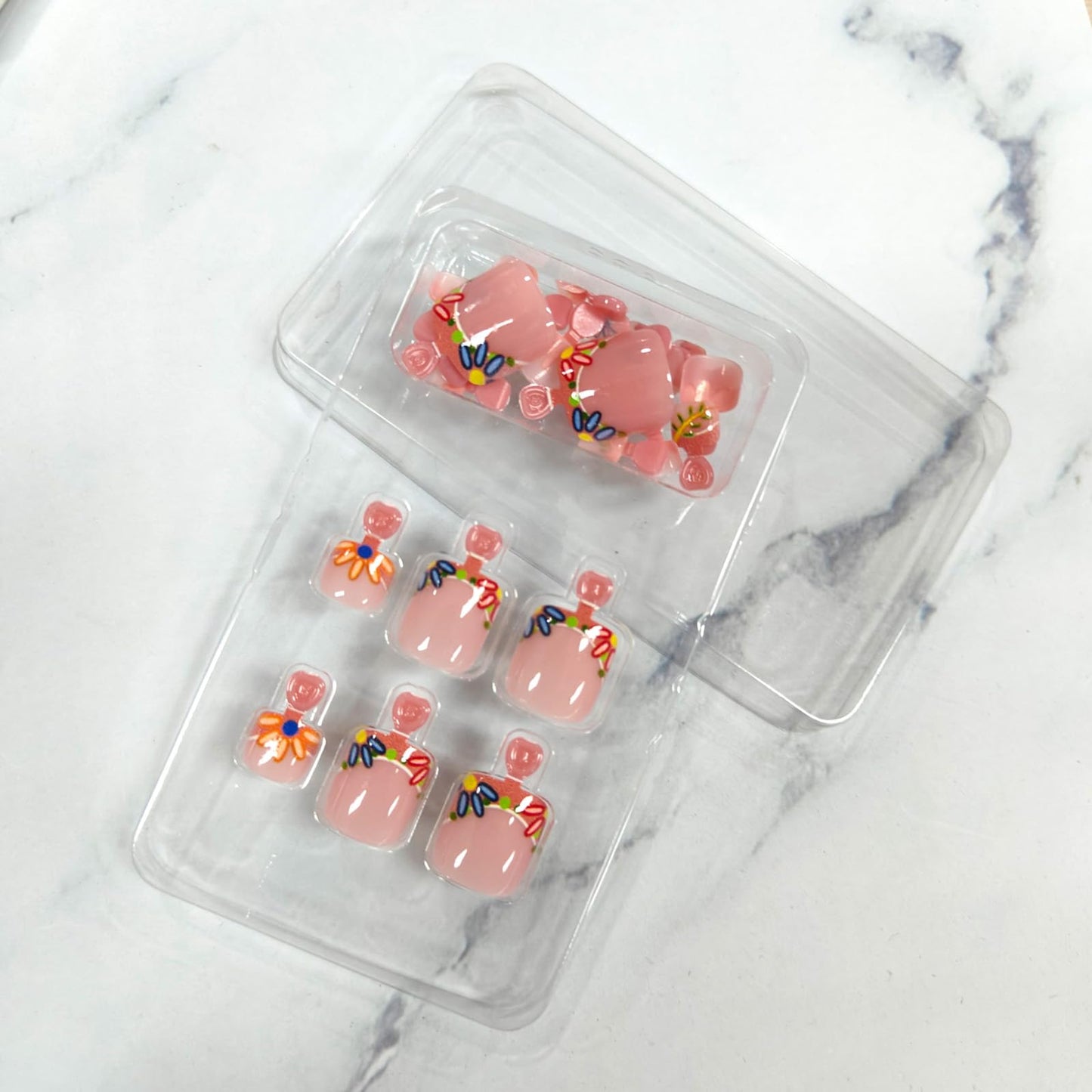 Colorful Flower French Tip Press on Toenails Square Fake Toe Nails Summer Floral False Toenails Glossy Acrylic Toe Nails Reusable Full Cover Artificial Toenails for Coquette Women 24Pcs