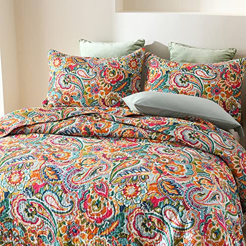 King Size Reversible Cotton Quilt Set with Floral Paisley Pattern - Yellow & Red Variation
