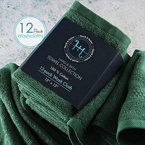 Hearth & Harbor Hunter Green Cotton Washcloths 12 Pack - Soft, Absorbent 13x13" Body & Face Towels