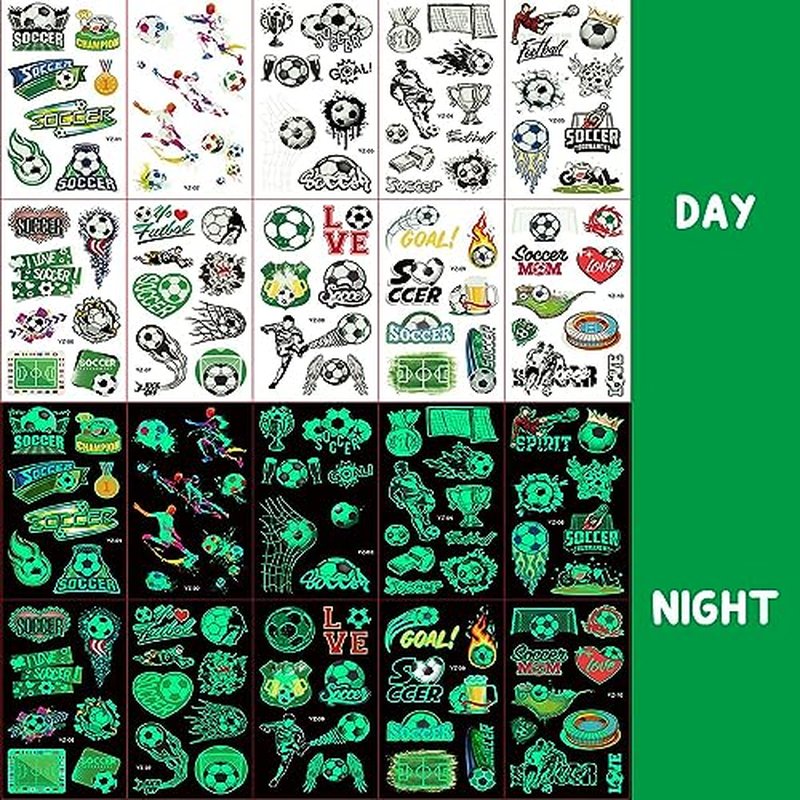 200 Pcs Soccer Sports Temporary Tattoos for Kids, Glow In The Dark Tattoos for Boys and Girls, Soccer Fake Tattoo Stickers for Adults Kids Goody Bag Stuffers Prizes Party Favors