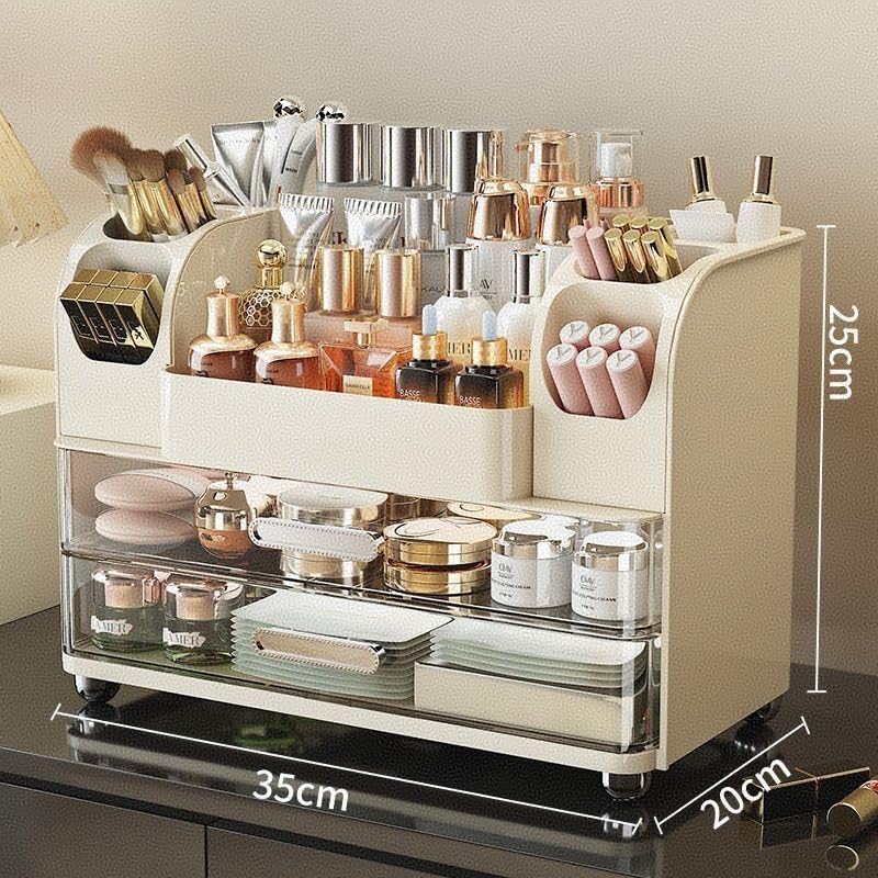 Cream Large Makeup Organizer with Drawers & Brush Slots - Vanity Storage