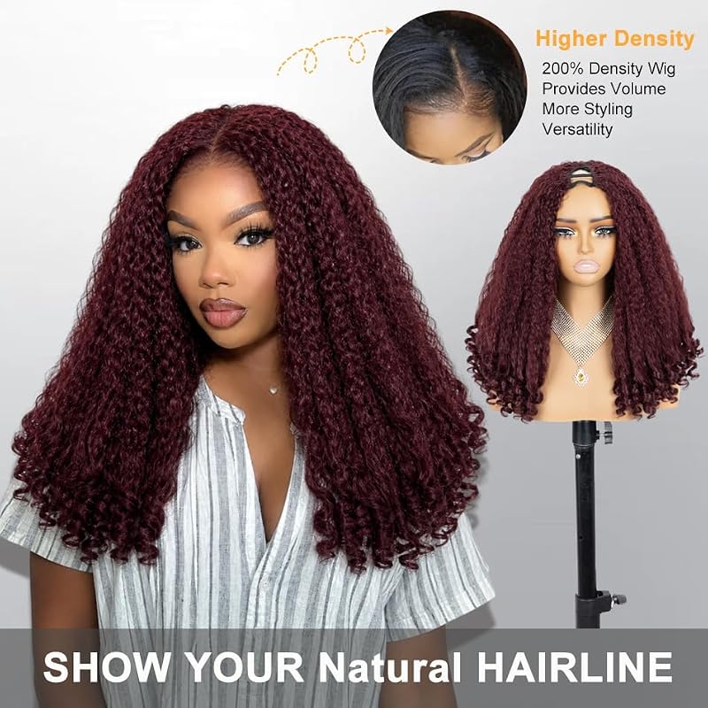 Burgundy Afro V Part Curly Wig 20 Inch - Kinky Textured Synthetic Hair for Women