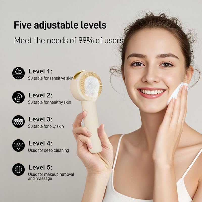 Silicone Sonic Facial Cleansing Brush with 5 Speeds, Waterproof & Rechargeable