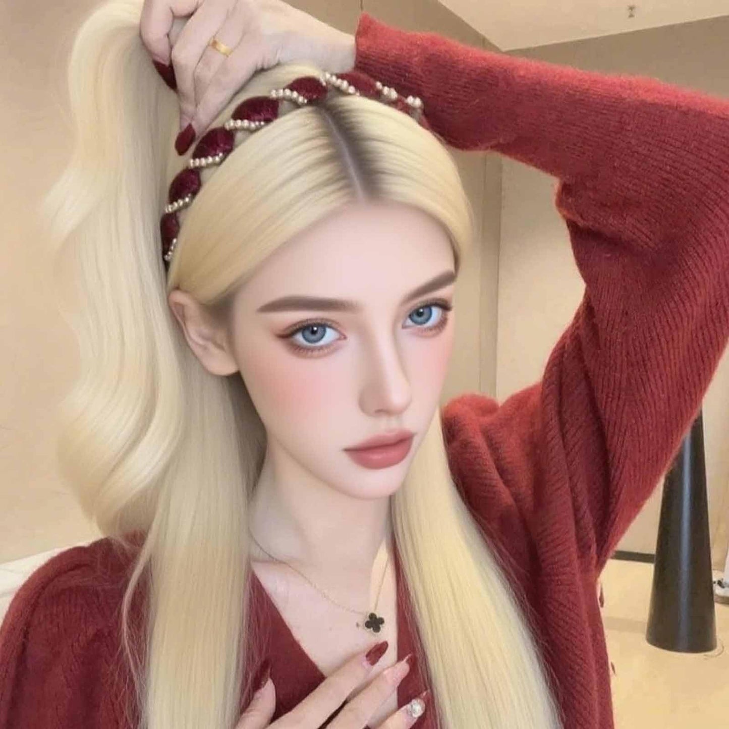 Vintage High Cranium Artificial Pearl Hairband, Bridal Hair Hoops Rhinestones Hair Accessories, Hairs Bands with Teeth Hoop, Fashion Wide Beaded Bling Head Band, Knotted Headband for Women Girls(Red)