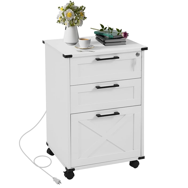 Onelike Small Wood File Cabinet with Charging Station & Lock, 3 Drawers - White + 3 Drawers