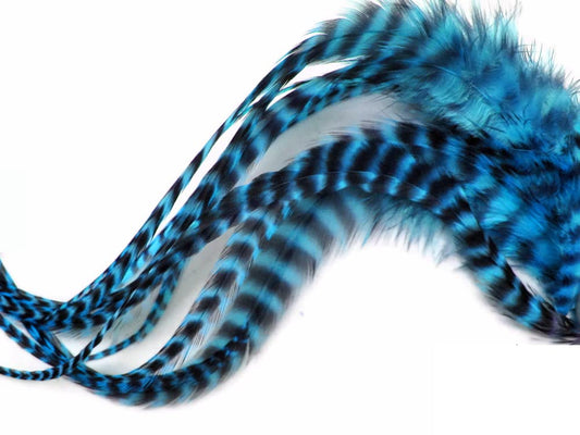 Moonlight Feather, Hair Extension Feathers - Turquoise Blue Long Grizzly Rooster Hair Extension Feathers - 7-11 Inches Long - 6 Pieces Per Pack