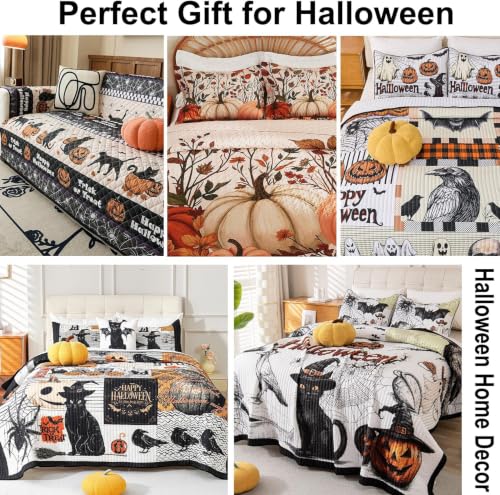 King Fall Pumpkin Quilt Set 3-Piece Reversible Bedspread for All Seasons