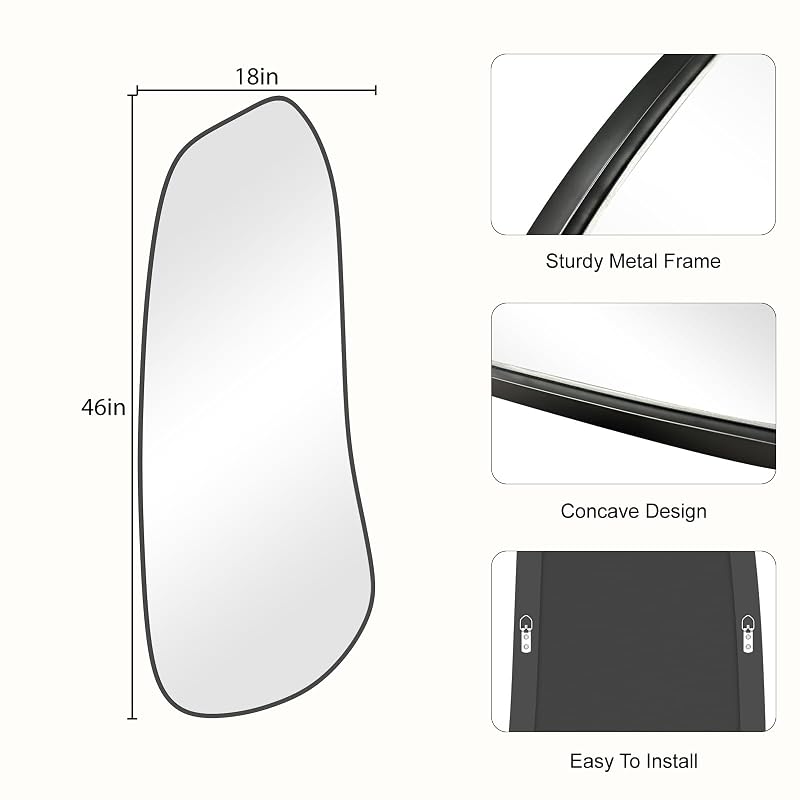 Irregular Wall Mirror with Black Frame 46" x 18" - Wall-Mounted for Living Room, Bedroom, Bathroom - Variation: Black New+46"L x 18"W