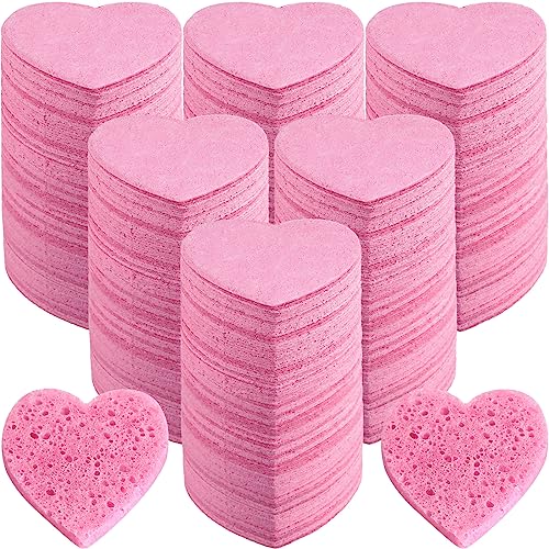 Dandat Pink 300 Count Compressed Heart-Shaped Facial Sponges for Cleansing & Exfoliating