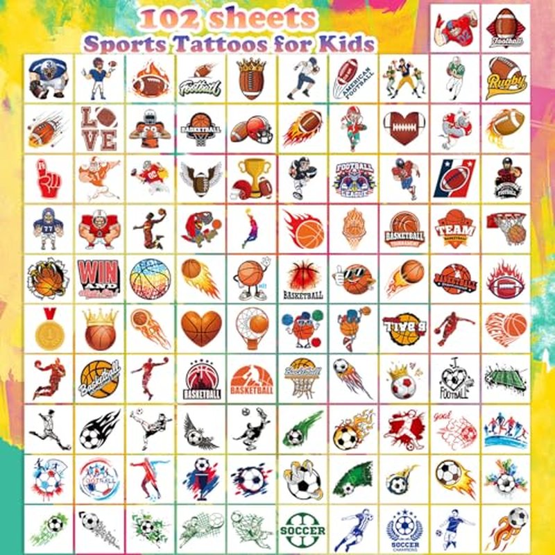 102 PCS Individually Wrapped Sports Temporary Tattoo for kids - Soccer Basketball Baseball Football Temporary for Girls Boy Body Arm Shoulder Cute Tattoos Stickers Supplies Gifts for Kids