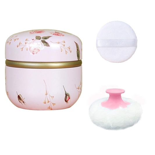 Qopoto Body Powder Puff and Container for Dusting Powder, Women Powder Puff and Powder Case for Bath and Travel (Romantic Flowers)