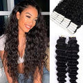 Deep Wave Tape-In Hair Extensions 16 Inch - 20pcs/Pack, 50g, Seamless Human Hair with Reusable Tape - Variation #1B-DW 50