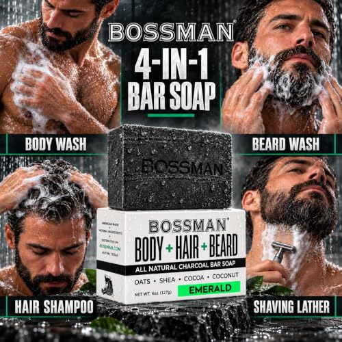 Bossman 4-in-1 Charcoal Bar Soap for Men - Emerald, 4 oz, Pack of 3