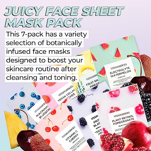 Vitamasques Face Masks Skincare Sheet Kit, 7-Pack - Juicy Collection of Triple-Layer Sheet Facial Masks - Korean Skin Care Pore Purifying, Brightening, and Hydrating