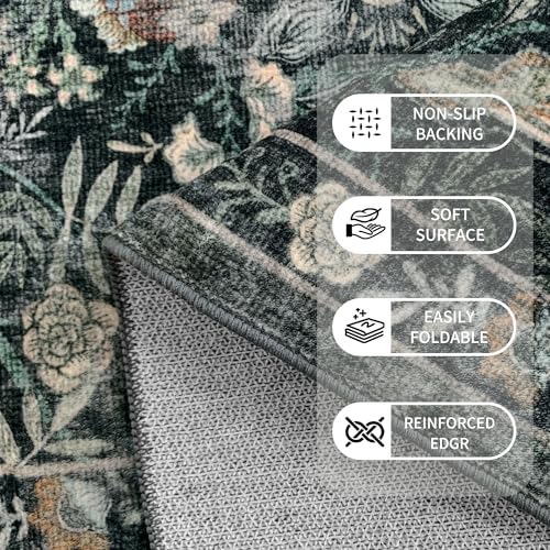 Vintage Botanical Area Rug 9x12 Dark Green Non-Slip Floral Carpet for Living Room