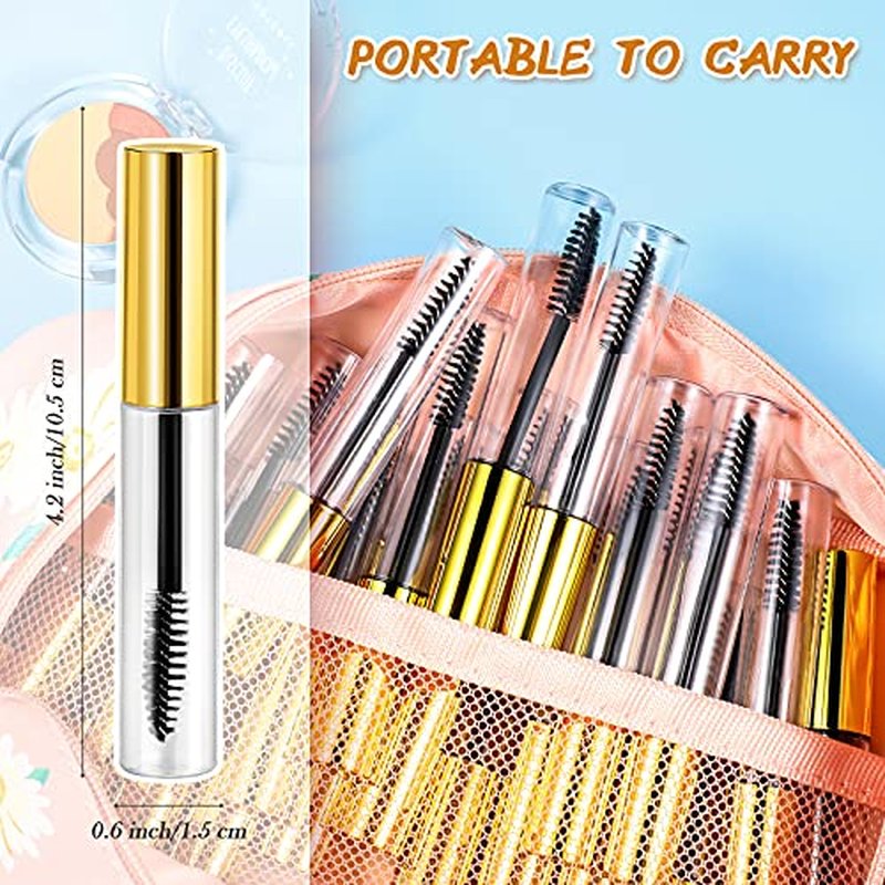 Maitys 40 Pieces 10 ml Empty Mascara Tubes Eyelash Wand Refillable Clear Bottles Eyelash Cream Container Bottle with 4 Pieces Transparent Funnels Transferring Castor Oil for DIY Cosmetics (Golden)