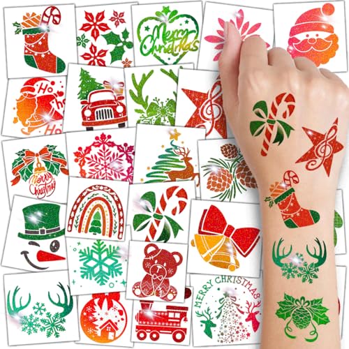 Glitter Christmas Temporary Tattoos for Kids - 74 Individually Sheets Perfect for Kids Christmas Party Favors, Stocking Stuffer