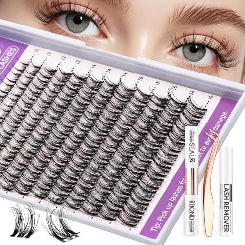 Fluffy Lash Extension Kit, 10?18mm Multi-Layer Individual Eyelash Clusters, Ultra-Soft Reusable Natural Look Wispy Set with Bond & Seal, Tweezers & Remover for Beginners