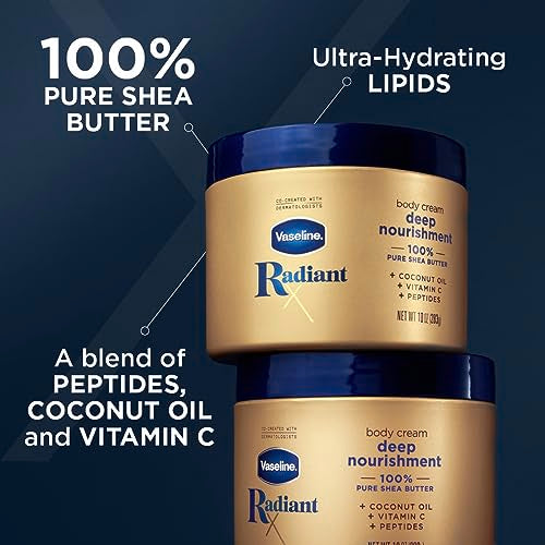 Vaseline Radiant X Deep Nourishment Body Cream 100% Pure Shea Butter & Intensive Care Cocoa Radiant For Glowing Skin 3 Count Body Gel Oil Body Oil Made with 100% Pure