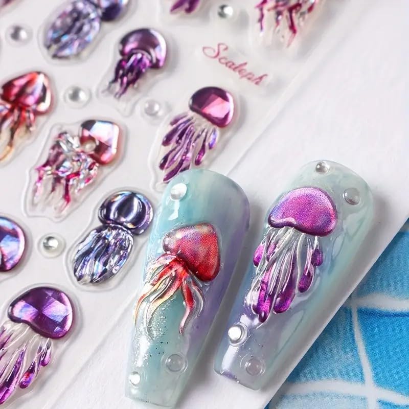 Summer Jellyfish Nail Art Stickers 5D Embossed Jellyfish Nail Decals 1PCS Purple Marine Life Ocean Theme Summer Nails Design Adhesive Sticker Manicure Supply for Women DIY Nail Art Decorations