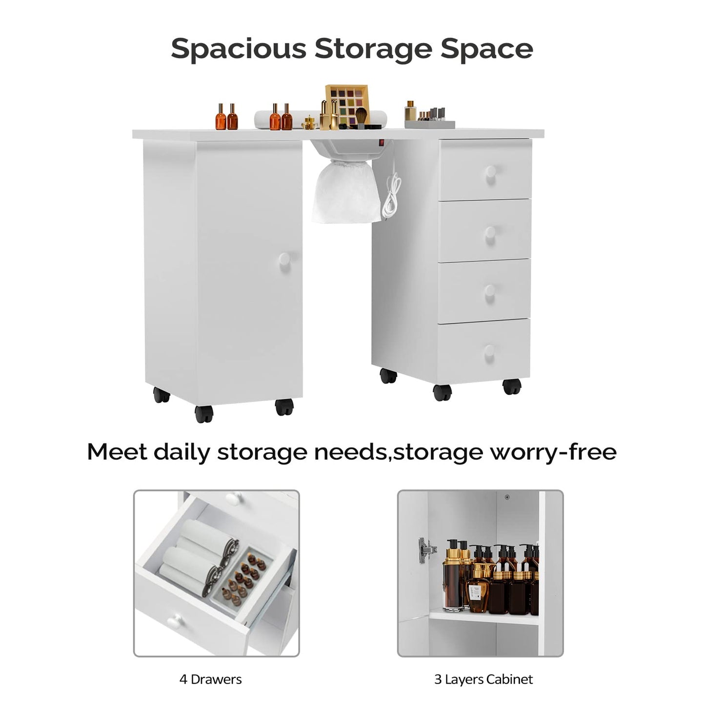 OmySalon Manicure Table Nail Desk for Nail Tech, Nail Table Beauty Salon Tech Station w/Electric Downdraft Vent, Lockable Wheels,Wrist Cushion,Storage Drawers