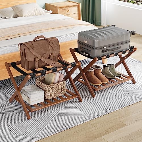 Walnut Luggage Rack Set of 2 Foldable Suitcase Stands with Shelves and Nylon Straps