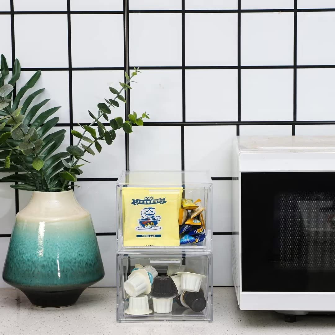 Cq acrylic Stackable Storage Drawers Set of 2,Under Cabinet Stackable Bins and Pull out Drawers Storage Container,4.4'' Tall Clear Plastic Organizer Bins for Makeup,Beauty Product,Machine Organizing