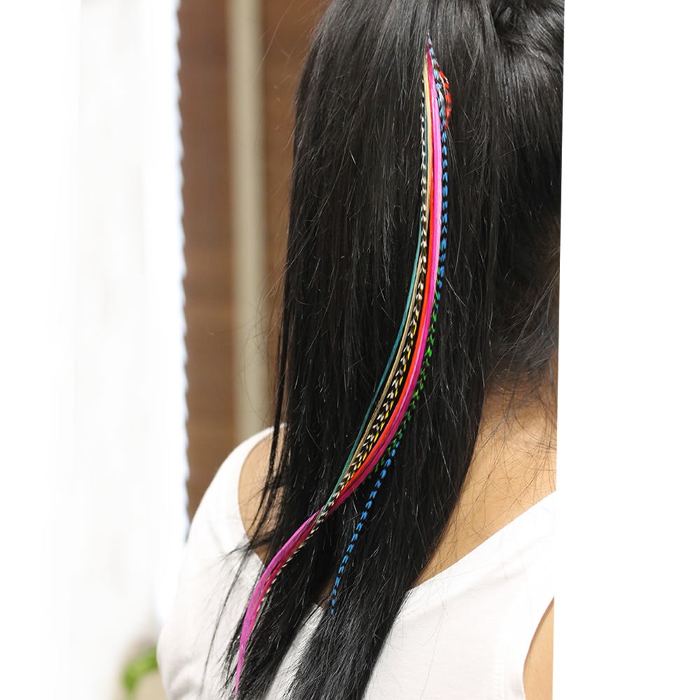 Feather Hair Extension – 100% Real Rooster Grizzly and Solid Feathers, Rainbow Colors Individual Feathers, Ranging From 8 to 11 Inches in Length, Total of 20 Feathers, Includes Beads and Loop Tool Kit